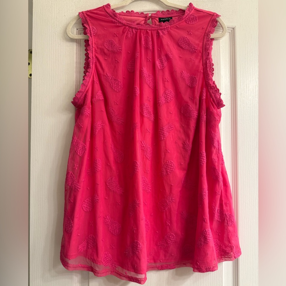 Torrid Pink Pineapple Ruffle Mesh Mock Neck Sleeveless Tank Top Blouse - size 1